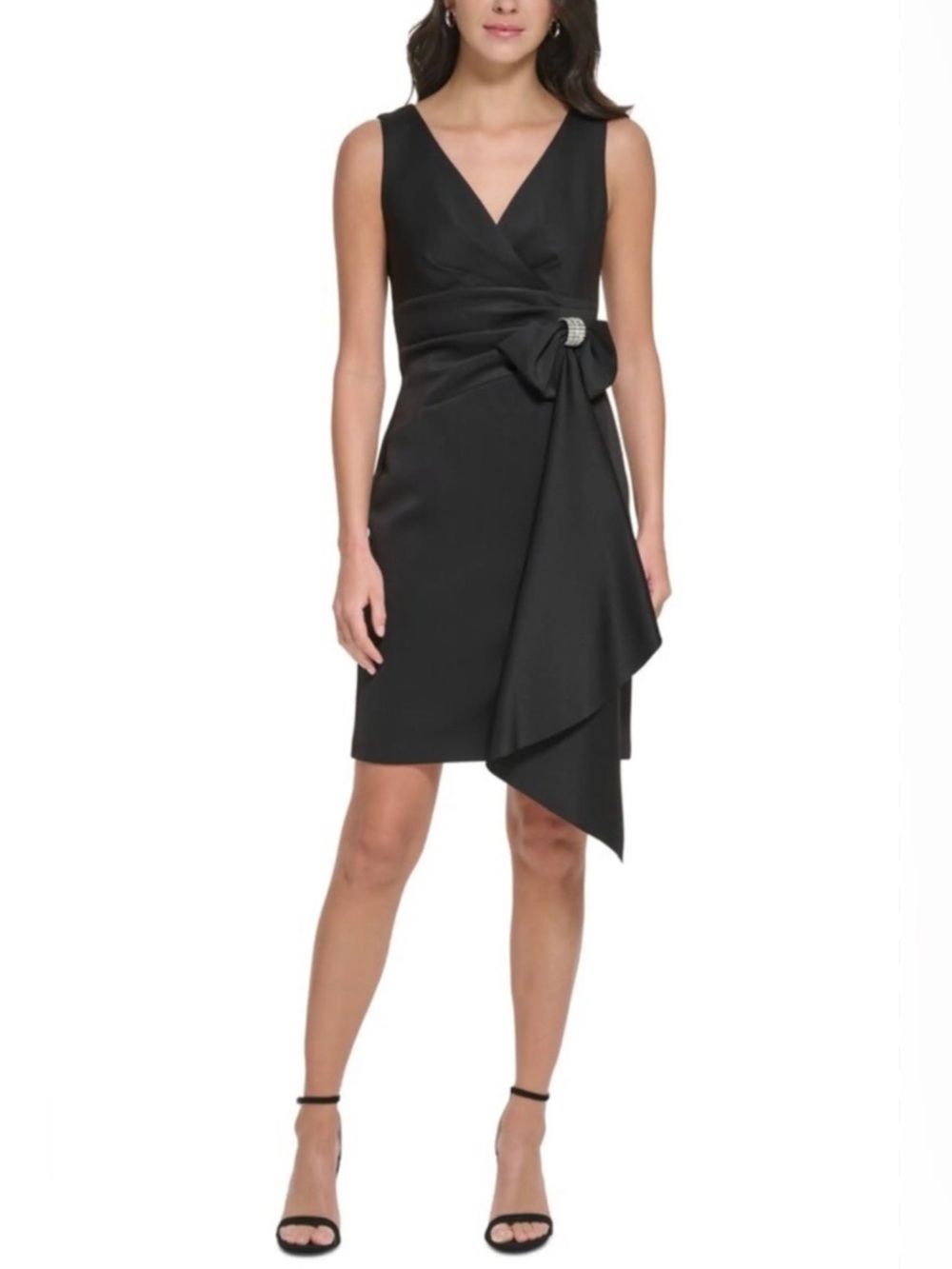 Eliza J Black V-Neck Cocktail Dress with Draped Bow Accent Sz 16
